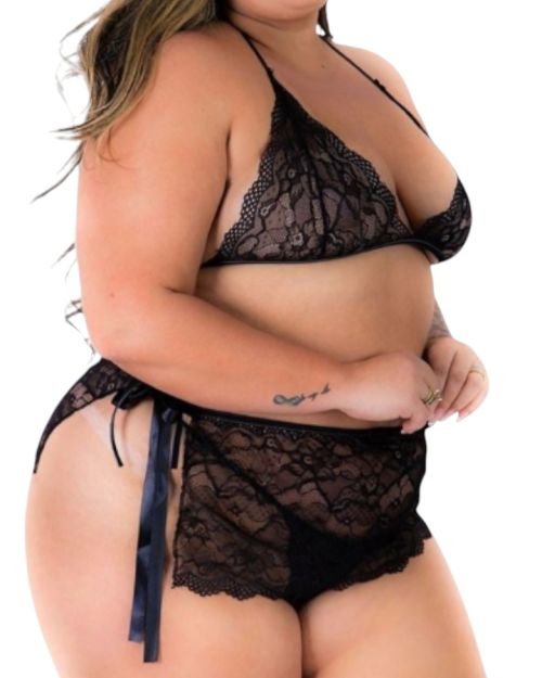 Conjunto Encaje 3 Piezas Lenceria Sensual Talle Plus